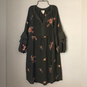 fig and flower for anthropology olive green embroidered dress women S